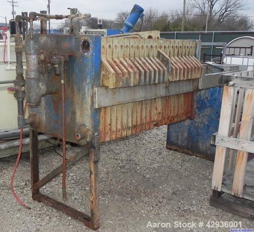 Used Filter Press, 32" x 32". (21) Polypropylene plates, approximately 142.2 square feet filter area, 5.93 cubic feet cake capacity. (1) Head, (1) tail. Hydraulic closure device, center feed, four co...